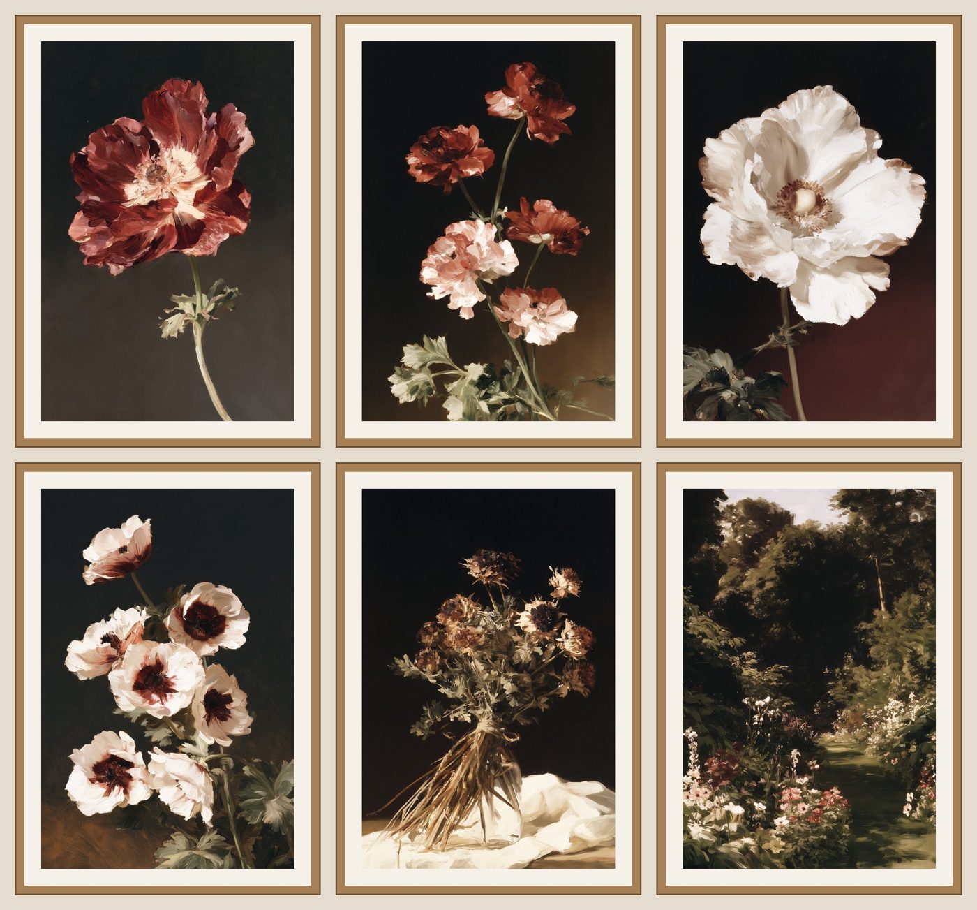 Six dark botanical anemone prints in gold frames