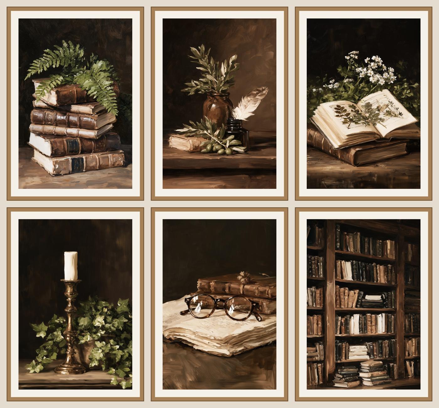 Dark academia library print in a frame