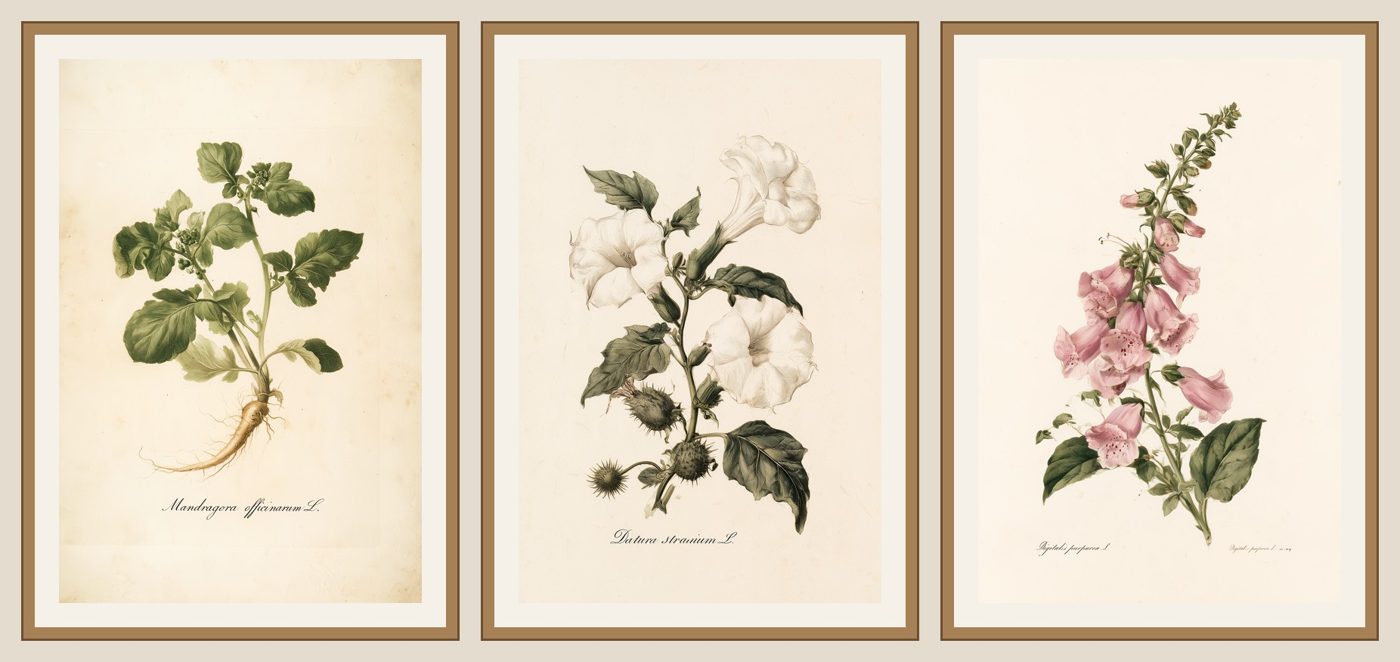 Trio of vintage poison herbarium botanical prints framed